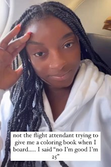 Flight attendant mistakes Simone Biles for a child, offers her a coloring book Credit: Simone Biles/Instagram