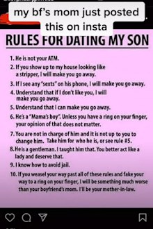 The girlfriend says she found the list on her boyfriend's mother's Instagram account.