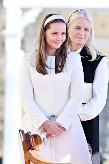 OSLO, NORWAY - APRIL 8: Crown Princess Mette-Marit of Norway and Princess Ingrid Alexandra attend the welcoming ceremony at The Royal Palace in conjunction with the Icelandic State Visit on April 8, 2025 in Oslo, Norway. (Photo by Rune Hellestad - Corbis/Getty Images)
