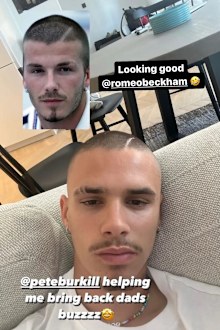 David Beckham teasing his son Romeo for copying his hairstyle. 