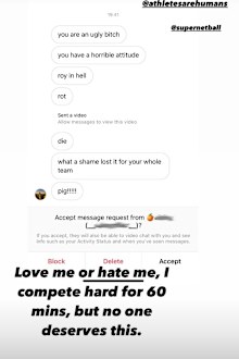 The vile messages received by netball star Jo Harten.