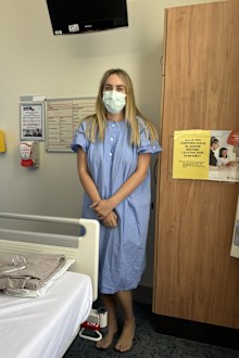 Emma Williams at hospital in February 2023, before yet another surgery.