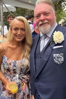 Jackie Henderson and her Kyle & Jackie O radio co-star Kyle Sandilands pose together at his wedding 
