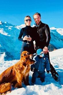 James Middleton and his wife Alizee Thevenet, their son Inigo and two of their dogs on holidays in the French Alps, January 2025.