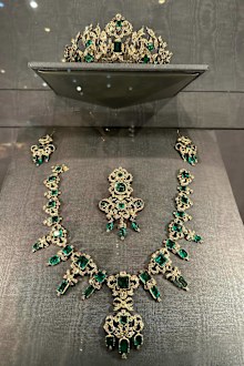 The Emerald Danish Crown Jewels on display.