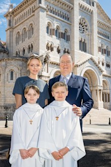 Hereditary Prince Jacques and Princess Gabriella of Monaco on their First Communion at Monaco Cathedral on Sunday May 11 with Prince Albert II and Princess Charlene.