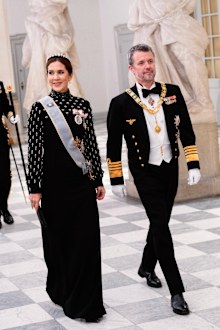 Queen Mary wearing the newly-set rose-cut diamond bandeau tiara from the Danish Crown Jewels at a state visit on December 6, 2024, at Christiansborg Palace.