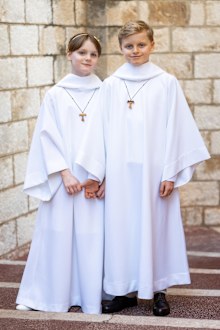 Hereditary Prince Jacques and Princess Gabriella of Monaco on their First Communion at Monaco Cathedral on Sunday May 11, 2025.