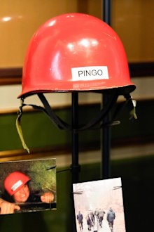 A photo from inside the new exhibition on King Frederik X of Denmark's life, showing his 'Pingo' helmet.