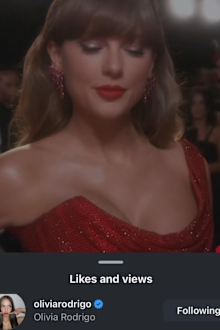 A screenshot of Olivia Rodrigo liking a video of Taylor Swift on the red carpet at the 2025 Grammys.