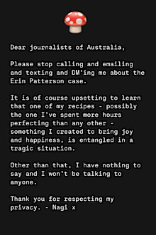 The RecipeTin Eats founder requested journalists respect her privacy.