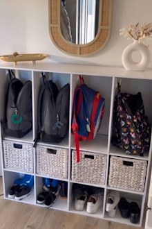Mum Sarah turned a Flexi Clever Cube storage unit into a drop zone entryway for her children.