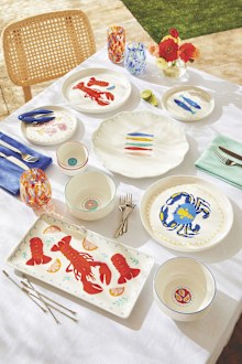 Crofton seafood dinnerware from Aldi, In the Roundhouse dupes plates and bowls styled on table