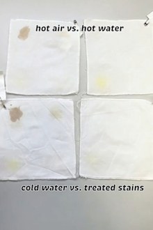 Swatches of stained fabric after being put through the dryer, hot water and cold water.