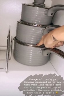 Mrs Hinch organises her pots and pans. 