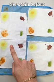 Swatches of stained fabric to test whether hot water really does set stains.