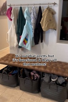 Stefanie Bloom showed how she created entryway storage with a bench and curtain rail