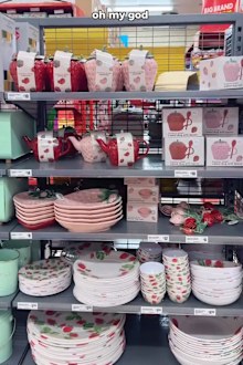 The strawberry delight kitchenware and home décor products on the shelves at The Reject Shop