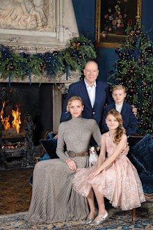 Prince Albert II, Princess Charlene, Prince Jacques and Princess Gabriella of Monaco pictured for their 2025 Christmas card. Monaco royal family Christmas card 2025.