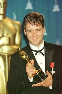 Russell Crowe with his Oscar for best actor which he won for his role in the film Gladiator.