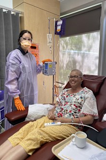 Fiona May in hospital during her chemotherapy.