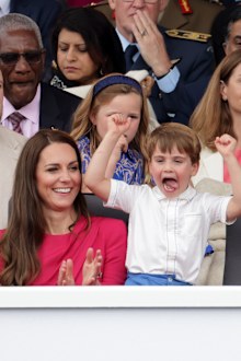 Catherine, Duchess of Cambridge and Prince Louis of Cambridge during the Platinum Pageant on June 05, 2022 in London, England.  