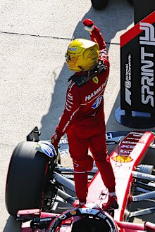 Sprint Pole qualifier Lewis Hamilton of Great Britain and Scuderia Ferrari celebrates in parc ferme during Sprint Qualifying ahead of the F1 Grand Prix of China at Shanghai International Circuit on March 21, 2025 in Shanghai, China. (Photo by Mark Thompson/Getty Images)