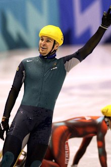 Australian Steven Bradbury waves to the crowd after winning gold in the men's 1,000-meter short-track speed skating finals at the 2002 Winter Olympics.