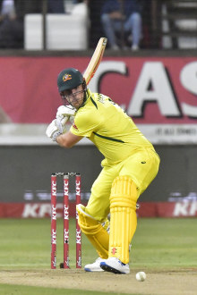 Mitchell Marsh of Australia tees off against South Africa.