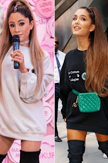 Wax Ariana Grande (L) and real Ariana Granda (R).