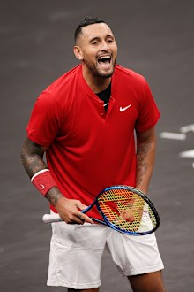Nick Kyrgios of Team World reacts to a shot against Stefanos Tsitsipas of Team Europe during the fifth match during Day 2 of the 2021 Laver Cup at TD Garden.