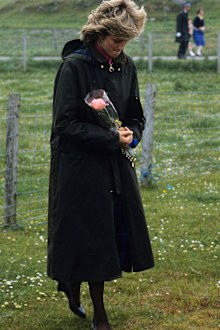 Diana, Princess of Wales, wearing a Barbour waxed jacket, holds a bouquet during a visit to Lochmaddy on July 4, 1985 in the Outer Hebrides, Scotland 