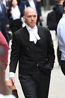 Andrew Green KC, the barrister that cross-examined Prince Harry, Duke of Sussex, arrives at the Mirror Group Phone hacking trial at the Rolls Building at High Court on June 07, 2023 in London