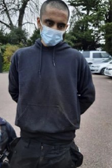 In this photo provided by the Metropolitan Police on Thursday, Oct. 5, 2023 Jaswant Singh Chail is arrested by police, Dec. 25, 2021, in Windsor, England. 