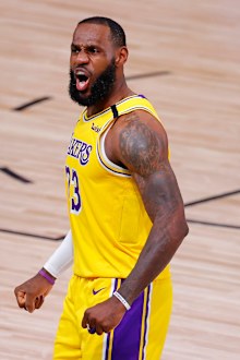 LeBron James of the Los Angeles Lakers reacts after a dunk.