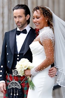 LONDON, UNITED KINGDOM - JULY 05: (EMBARGOED FOR PUBLICATION IN UK NEWSPAPERS UNTIL 24 HOURS AFTER CREATE DATE AND TIME) Rory McPhee and Mel B depart following their wedding in the OBE (Order of the British Empire) Chapel at St Paul's Cathedral on July 5, 2025 in  London, England. (Photo by Max Mumby/Indigo/Getty Images)