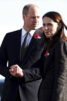 Prince William, left, arrives at Christchurch, New Zealand, with New Zealand Prime Minister Jacinda Ardern Thursday, April 25, 2019.