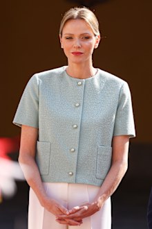 Princess Charlene of Monaco is seen as French President Emmanuel Macron and his wife Brigitte Macron are welcomed upon their arrival for a two-day state visit at the Prince Albert II of Monaco Palace ahead of the Unoc3 on June 7, 2025 in Monaco, Monaco. (Photo by Marc Piasecki/Getty Images)