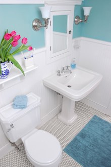 A vase of tulips adds a splash of color to this cozy yet elegantly furnished bathroom.