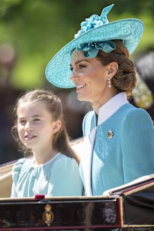 LONDON, ENGLAND - JUNE 14: Catherine, Princess of Wales and Princess Charlotte of Wales during Trooping The Colour 2025 on June 14, 2025 in London, England. Trooping The Colour is a ceremonial parade celebrating the official birthday of the British Monarch. The event features over 1,400 soldiers and officers, accompanied by 200 horses. More than 400 musicians from ten different bands and Corps of Drums march and while performing. (Photo by Mark Cuthbert/UK Press via Getty Images)