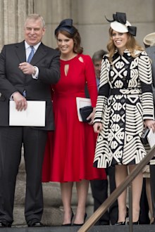 Andrew Mountbatten-Windsor with Princess Beatrice and Princess Eugenie at a National Service of Thanksgiving as part of the 90th birthday celebrations for The Queen at St Paul's Cathedral on June 10, 2016 in London, England.