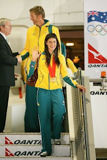 Stephanie Rice arrives home from with the Australian Olympic team.