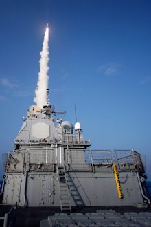 The USS Lake Erie launches a Standard Missile-3 at a non-functioning National Reconnaissance Office satellite as it travelled in space over the Pacific Ocean in 2008.