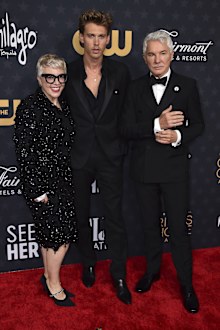 (L-R) Catherine Martin, Austin Butler and Baz Luhrmann arrive at the 28th annual Critics Choice Awards at The Fairmont Century Plaza Hotel on Sunday, Jan. 15, 2023, in Los Angeles.  