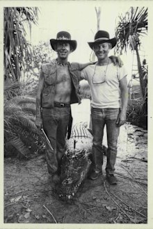 John Cornell, Paul Hogan pose together on the set of Crocodile Dundee in 1984.