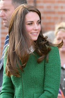 The Duchess of Cambridge in a green skirt suit, strikingly similar to one worn by Ivanka Trump. Image: Getty.