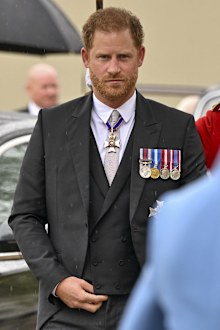 Prince Harry arrives for the coronation of King Charles at Westminster Abbey, London