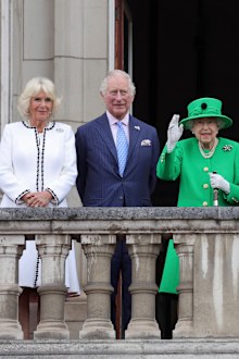 Britain's Camilla, Duchess of Cornwall, Prince Charles and Queen Elizabeth II, stand on the balcony of Buckingham Palace, at the end of the Platinum Jubilee Pageant, in London, Sunday June 5, 2022, on the last of four days of celebrations to mark the Platinum Jubilee. 