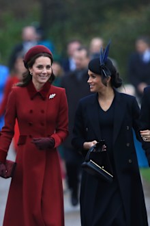 Catherine, Duchess of Cambridge and Meghan, Duchess of Sussex arrive to attend Christmas Day Church service at Church of St Mary Magdalene on the Sandringham estate on December 25, 2018 in King's Lynn, England. 