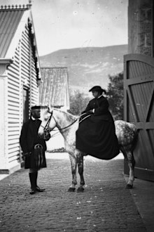 Queen Victoria (1819 - 1901) and her personal attendant John Brown (1826 - 1883) ready for a ride at Balmoral.   (Photo by W & D Downey/Hulton Archive/Getty Images)